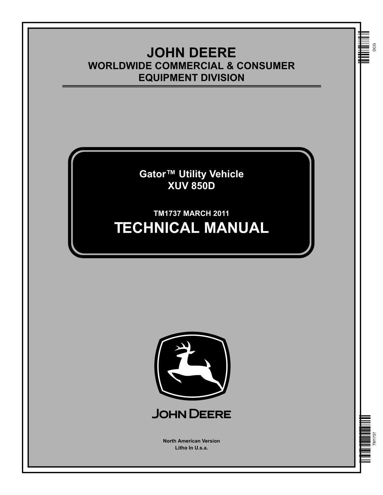 JOHN DEERE XUV 850D GATOR SERVICE REPAIR TECHNICAL MANUAL TM1737