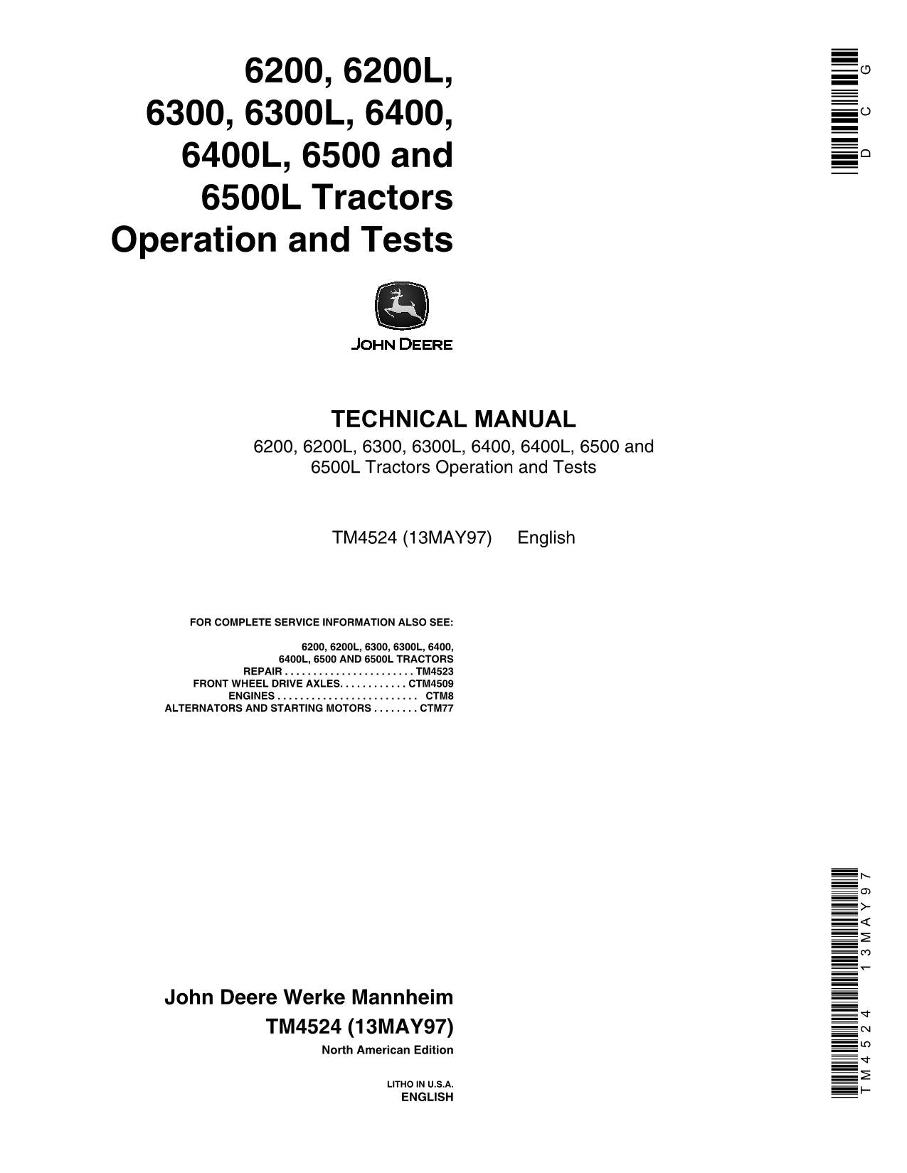 JOHN DEERE 6200 6200L 6300 6300L TRAKTOR BEDIENUNG TEST DIAGNOSEHANDBUCH