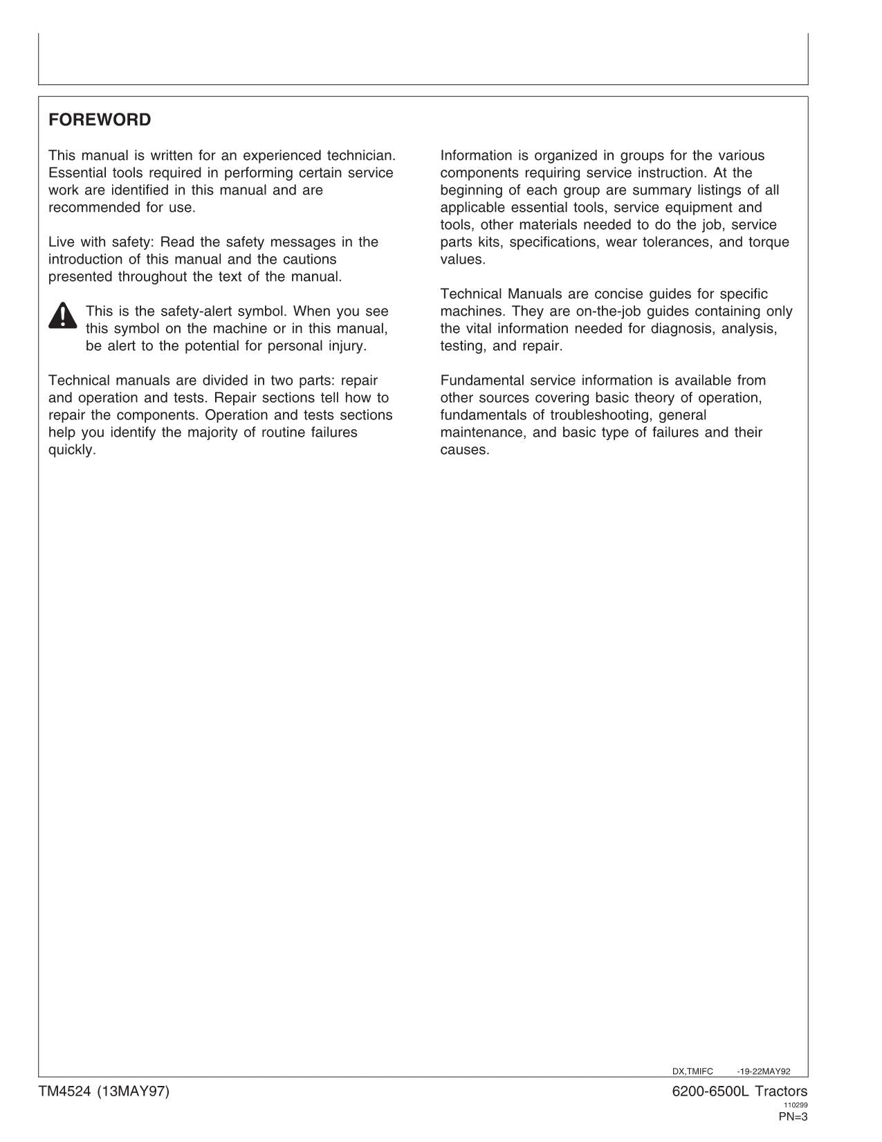 JOHN DEERE 6400 6400L 6500 6500L TRACTOR OPERATION TEST DIAGNOSTIC MANUAL