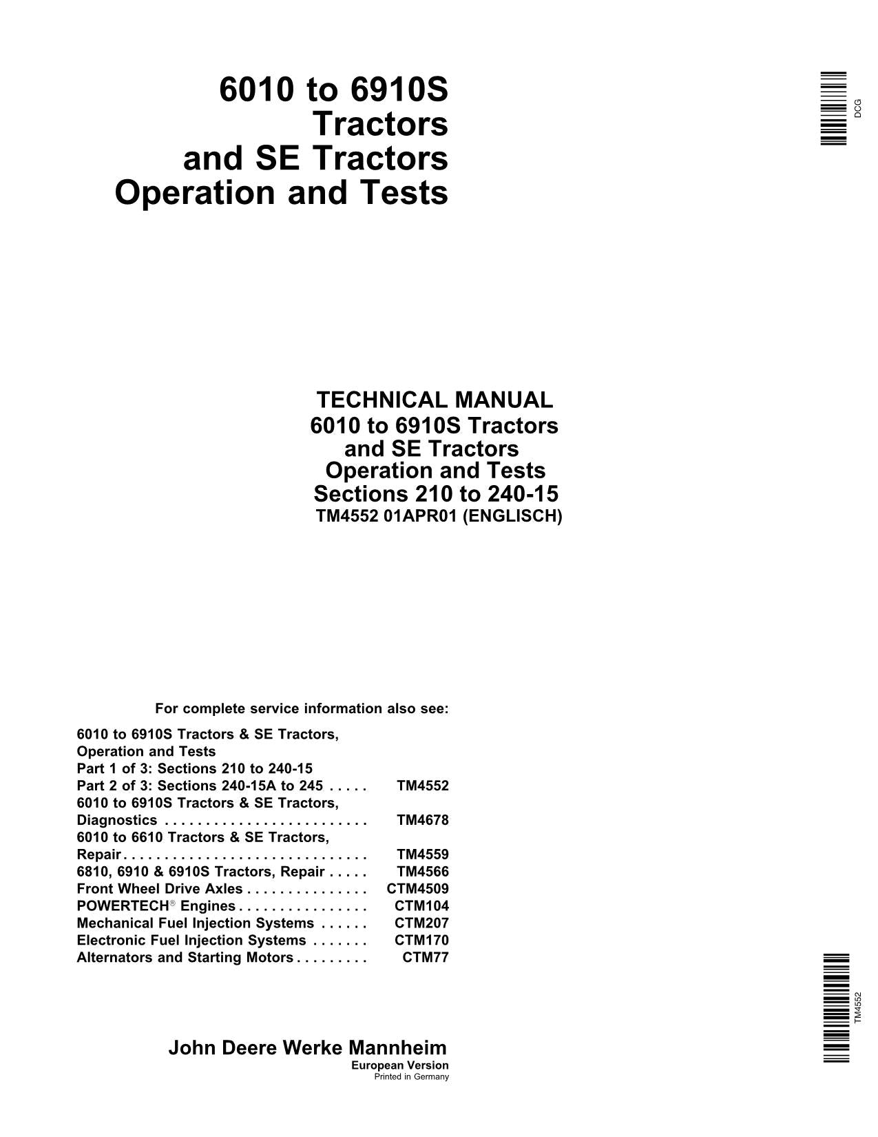 MANUEL D'ESSAI DE FONCTIONNEMENT DU TRACTEUR JOHN DEERE 6310 SE6510 SE6610 SE6010 SE6110