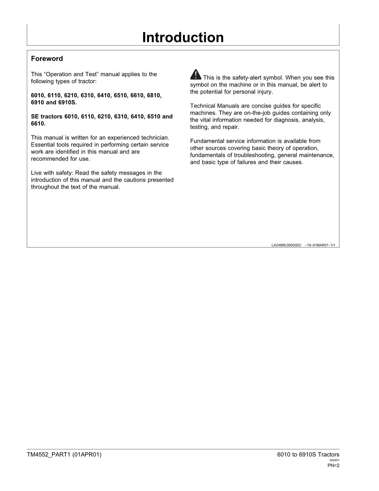 JOHN DEERE SE6310 SE6410 6910S TRACTOR OPERATION TEST MANUAL