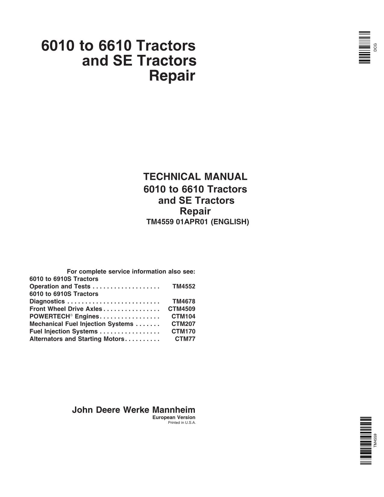 JOHN DEERE SE6610 SE6010 SE6110 SE6310 SE6410 TRAKTOR REPARATUR-SERVICEHANDBUCH 