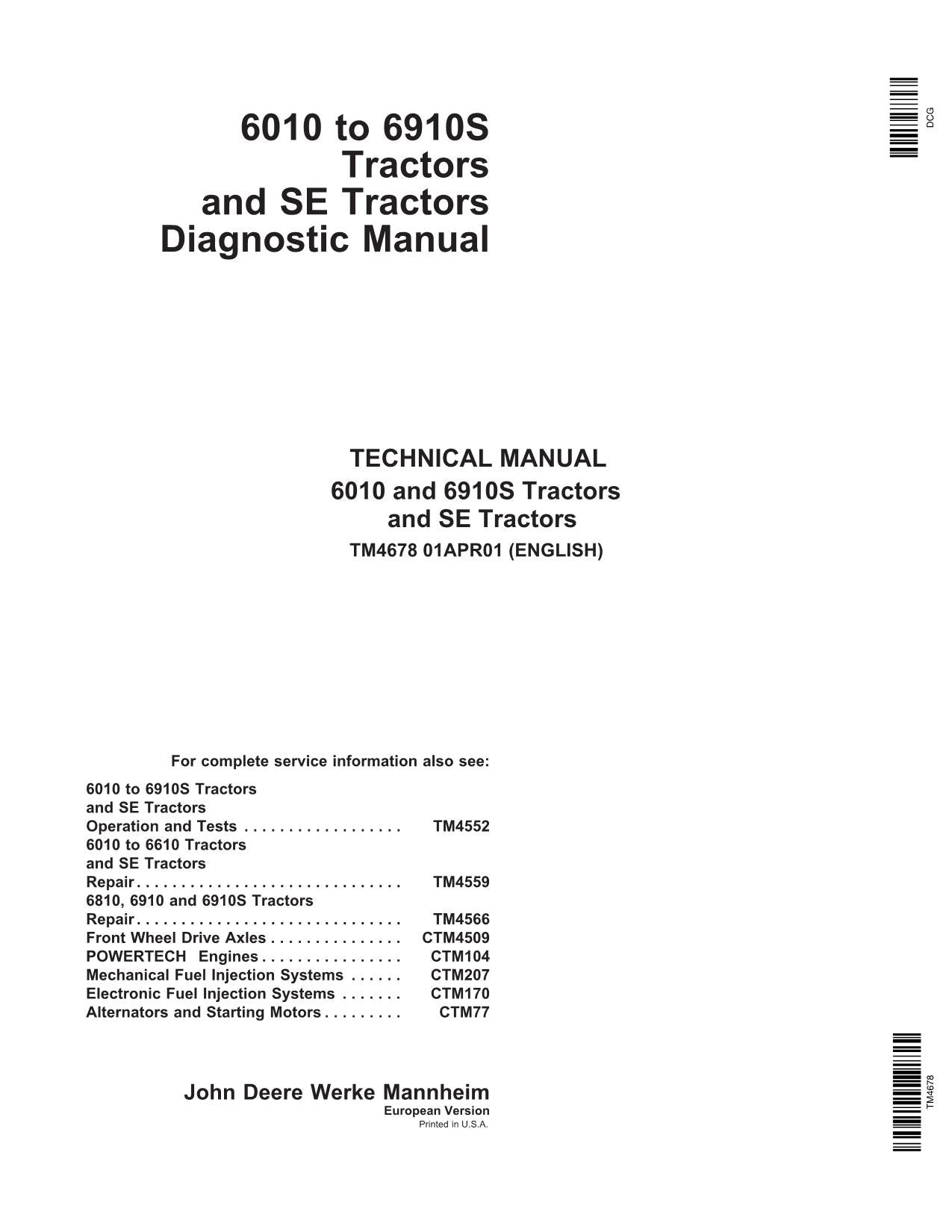 JOHN DEERE 6210 6410 6510 6610 6810 6910 6010 6110 TRACTOR DIAGNOSTIC SERVICE MANUAL