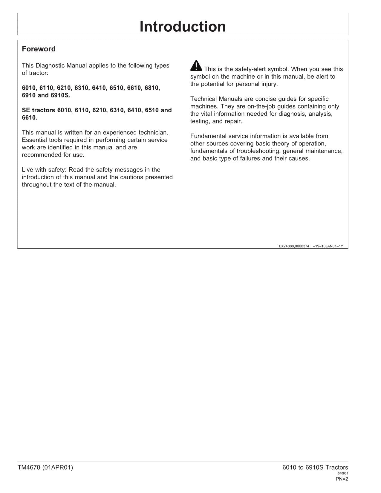 JOHN DEERE 6210 6410 6510 6610 6810 6910 6010 6110 TRACTOR DIAGNOSTIC SERVICE MANUAL