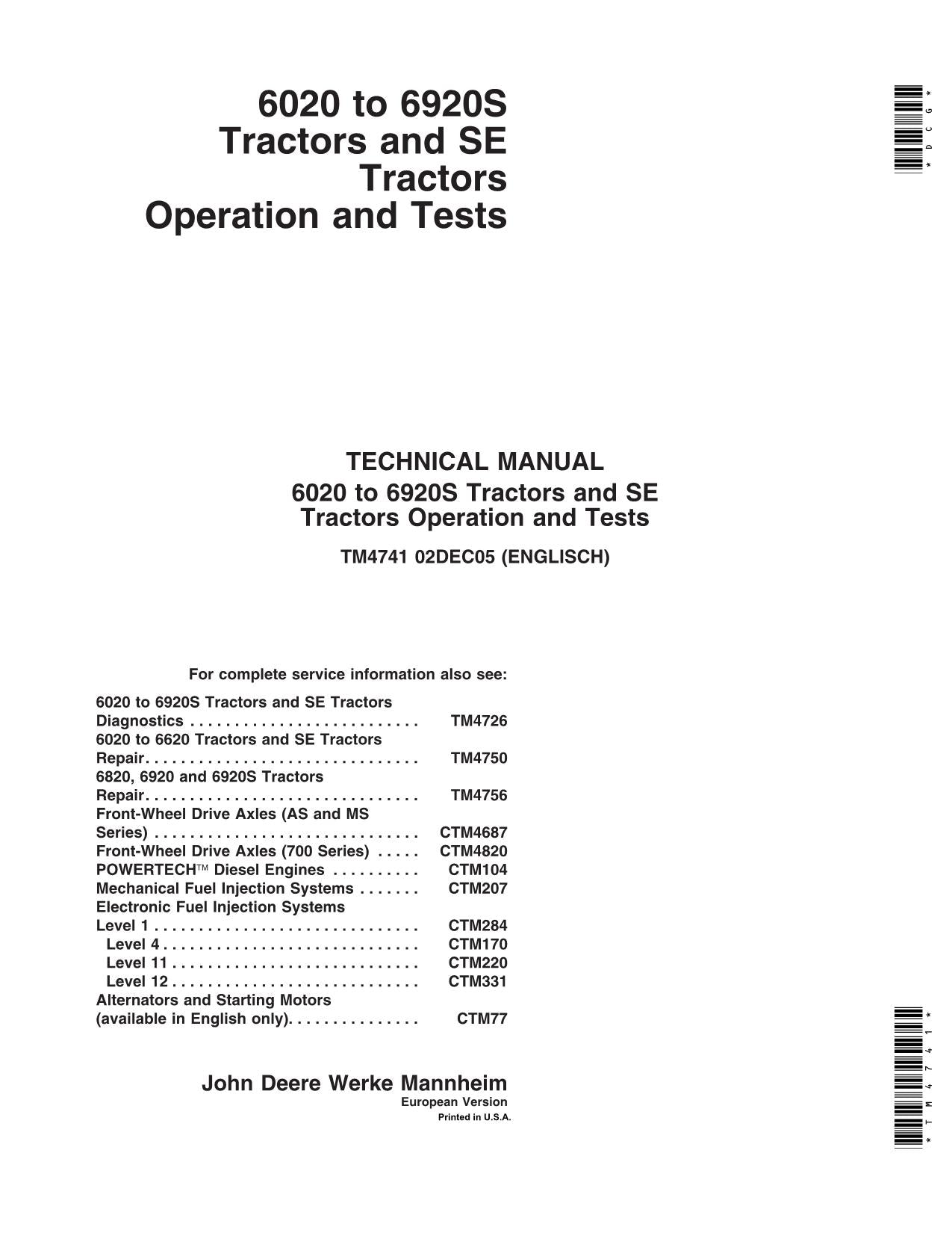 JOHN DEERE 6020 6120 6220 6320 6420 TRAKTOR-BETRIEBSTEST-SERVICEHANDBUCH