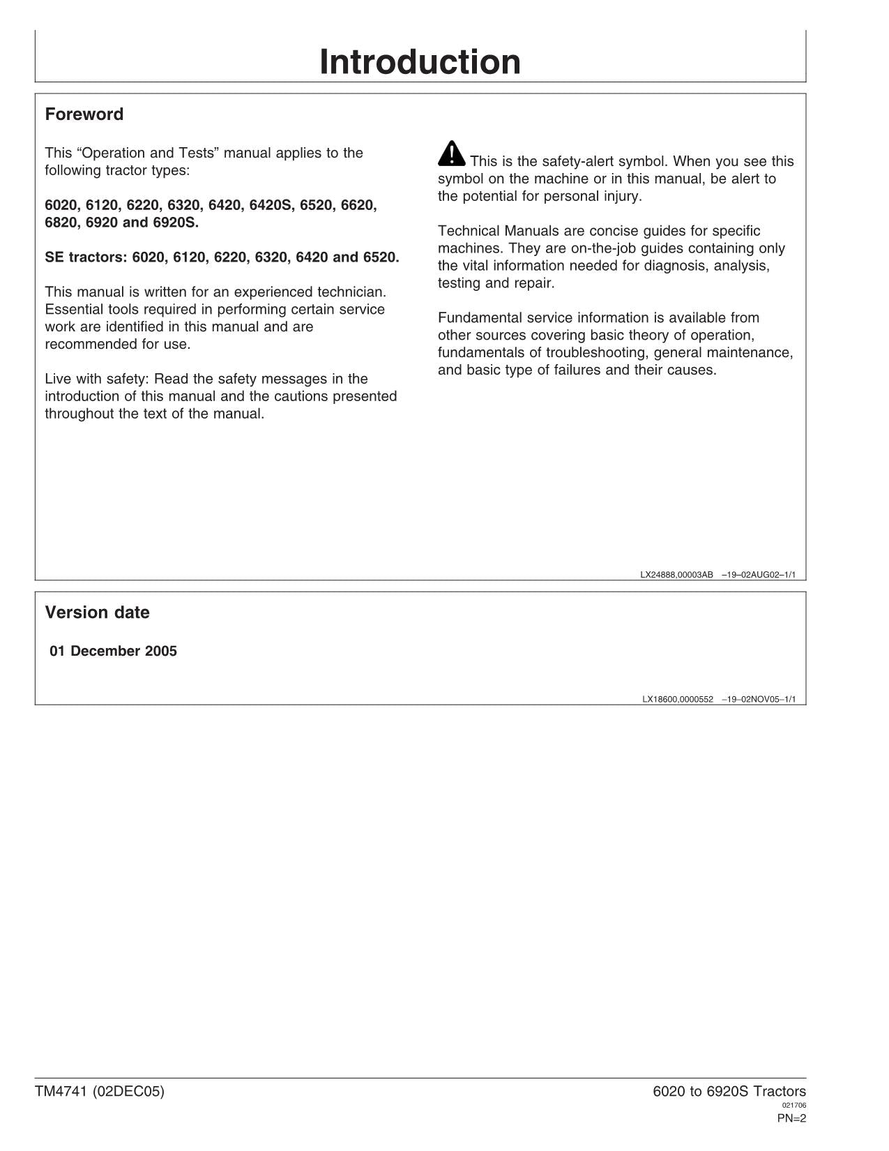 JOHN DEERE 6420S 6520 6620 6820 TRACTOR OPERATION TEST SERVICE MANUAL