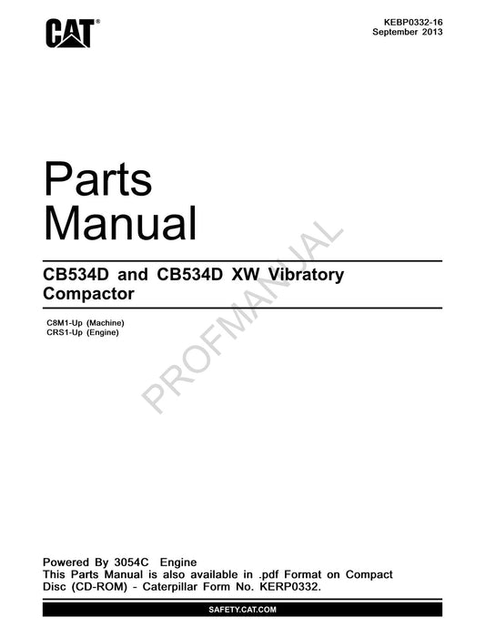 Caterpillar Cat CB534D CB534D XW Vibratory Compactor Parts Catalog Manual