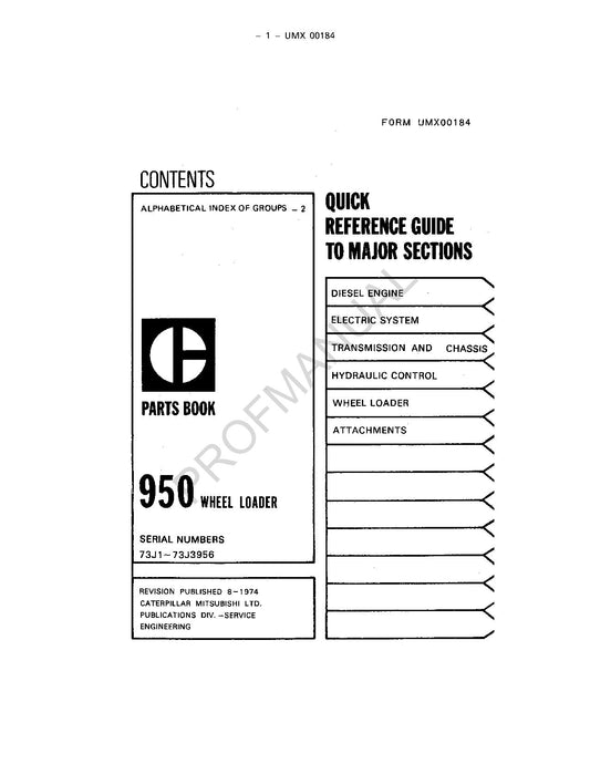 Caterpillar Cat 950 Wheel Loader Parts Catalog Manual UMX00184