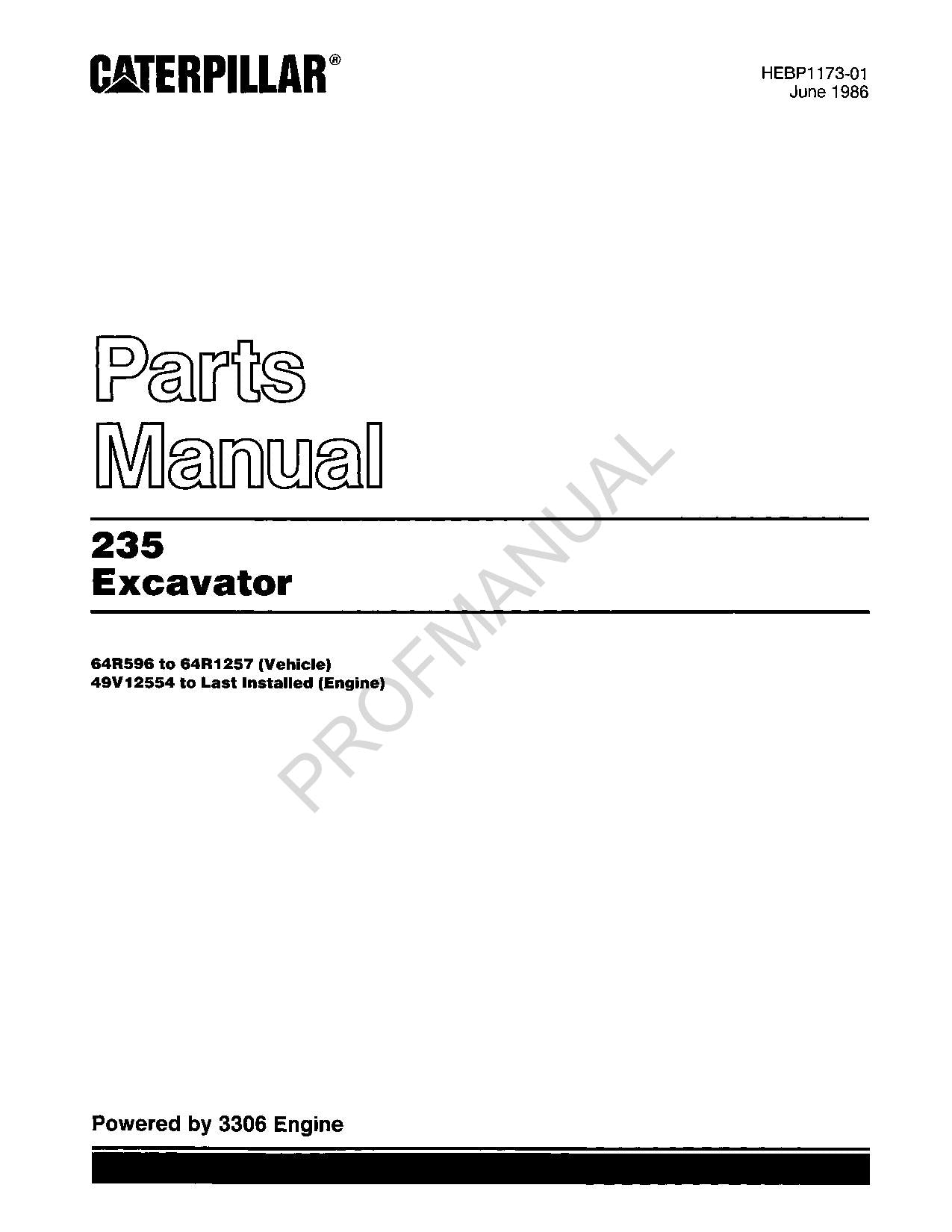 Ersatzteilkatalog für Bagger Caterpillar 235, Seriennummer 49V12554-Up, 64R596-64R1257