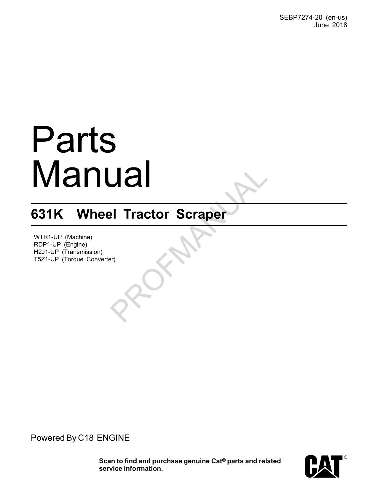 Caterpillar Cat 631K Wheel Tractor Scraper Parts Catalog Manual ser WTR1-Up