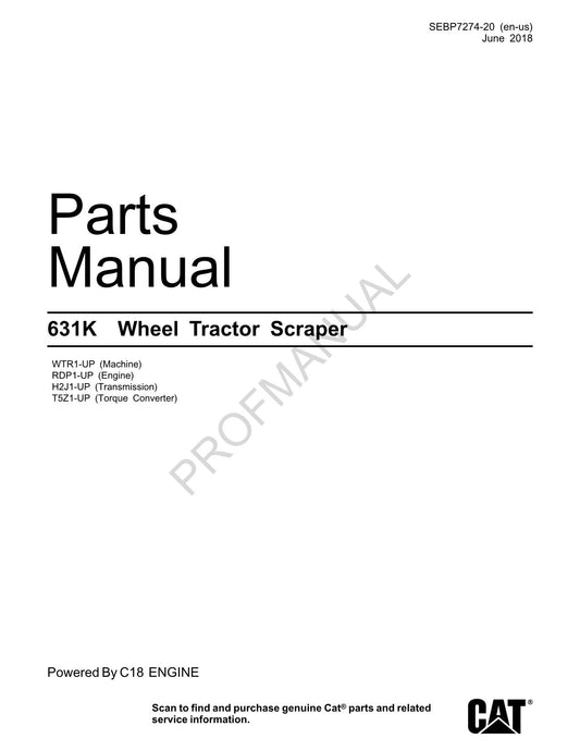 Caterpillar Cat 631K Wheel Tractor Scraper Parts Catalog Manual ser WTR1-Up