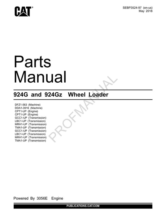 Caterpillar Cat 924G 924Gz Wheel Loader Parts Catalog Manual SEBP3524