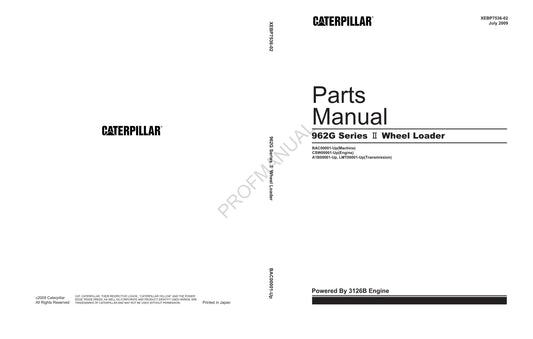 Caterpillar Cat 962G Series II Wheel Loader Parts Catalog Manual XEBP7536