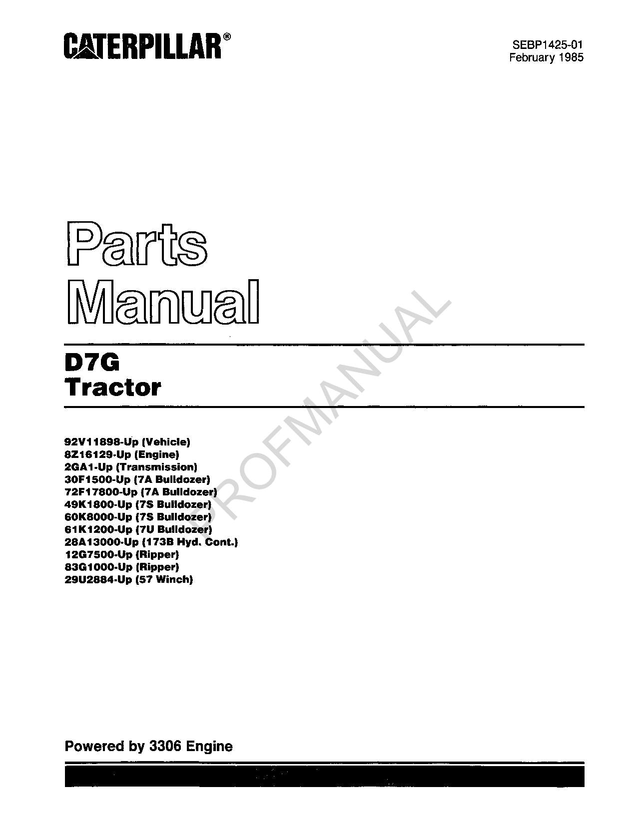 Manuel du catalogue des pièces détachées du tracteur Caterpillar Cat D7G SEBP1425