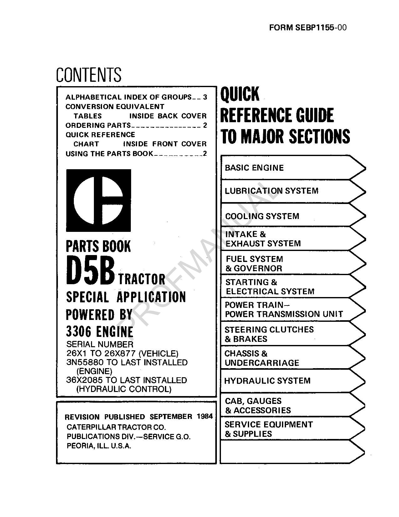 Caterpillar D5B Traktor OEM Teilekatalog Handbuch 3N55880Up 26X1 877 36X2085Up