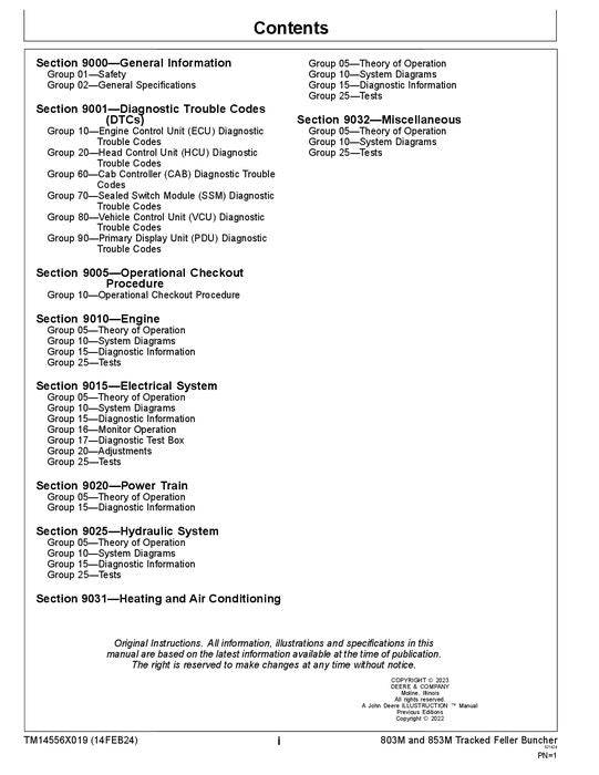 JOHN DEERE 803M 853M BUNCHER OPERATION TEST TECHNICAL MANUAL TM14556X019