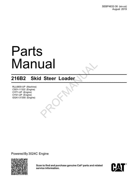 Caterpillar Cat 216B2 Skid Steer Loader Parts Catalog Manual SEBP4632