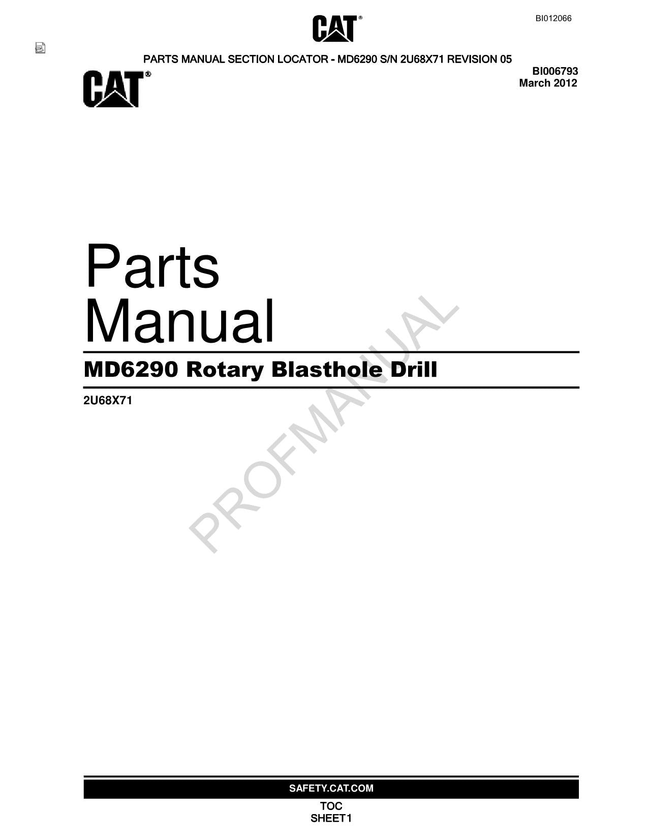 Catalogue de pièces détachées pour foreuse rotative Caterpillar Cat MD6290, manuel ser 2U68X71