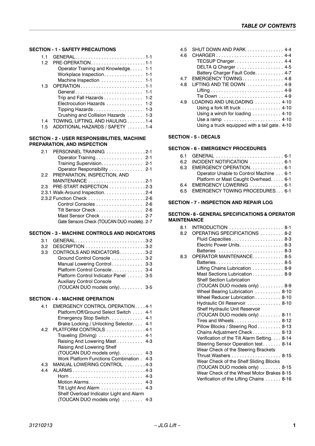 TOUCAN Duo Junior 6B Vertical Lift Maintenance Operation Operators Manual