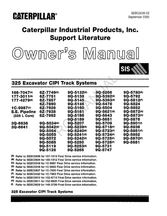 Caterpillar Cat 325 Excavator CIPI Track System Parts Catalog Manual SEBC0526