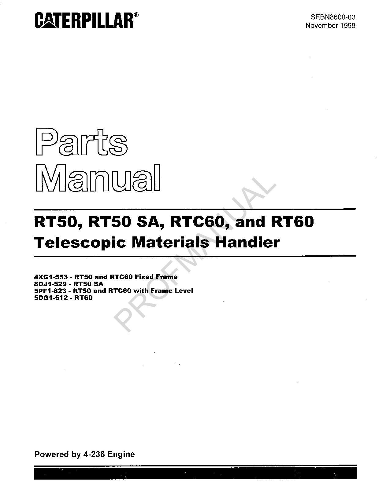 Caterpillar Cat RT50 RT50 SA Telescopic Material Handler Parts Catalog Manual