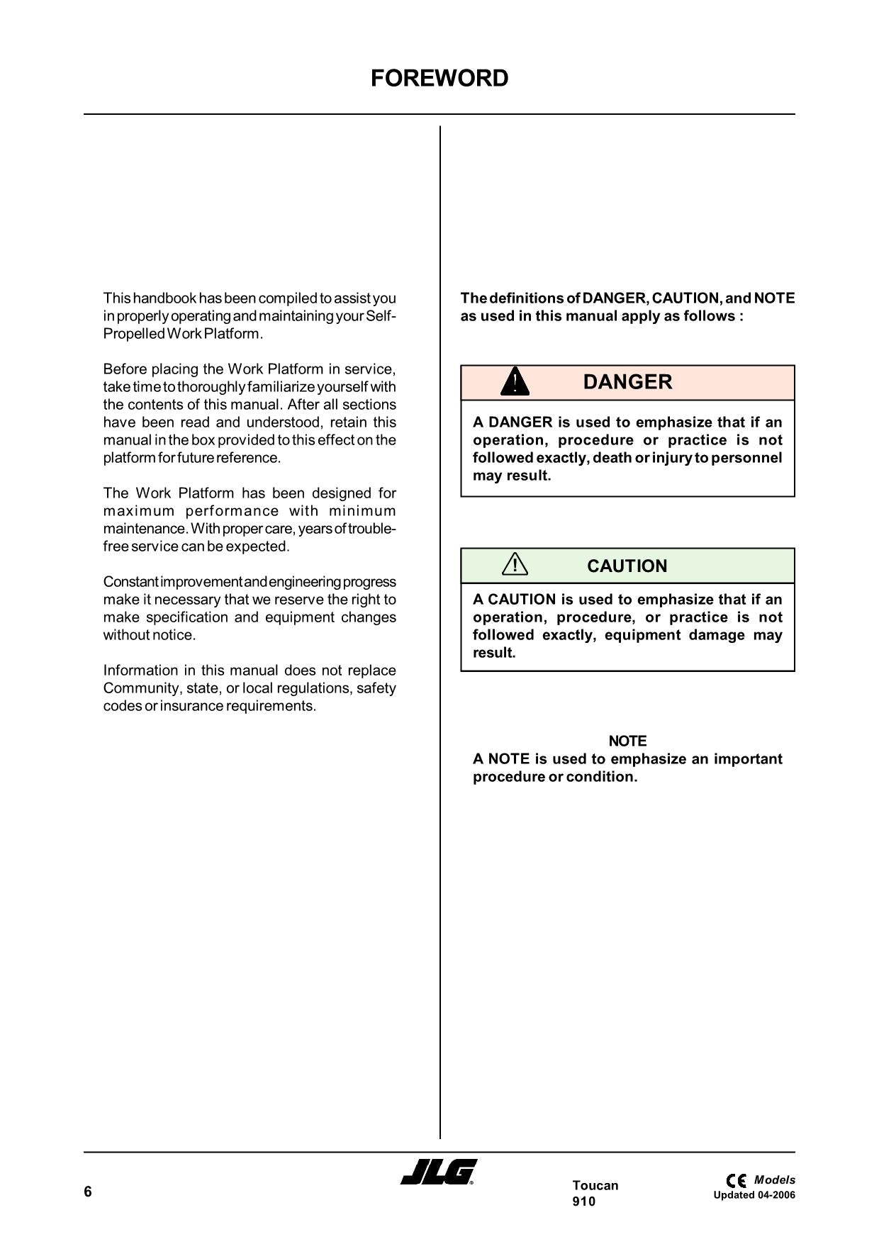 TOUCAN 910 Vertical Lift Maintenance Operation Operators Manual