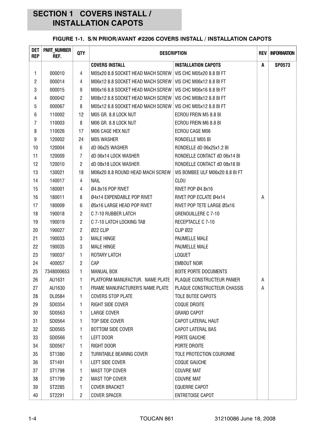 TOUCAN 861 Vertical Lift Parts Catalog Manual Multi languages