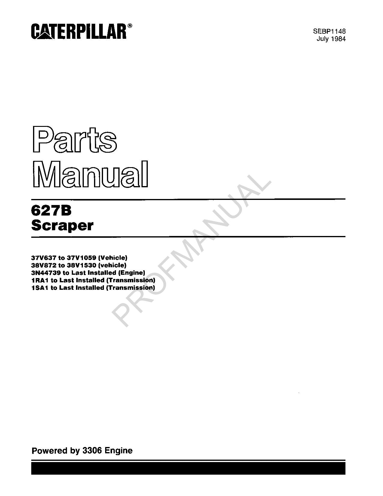 Caterpillar Cat 627B Scraper Parts Catalog Manual SEBP1148