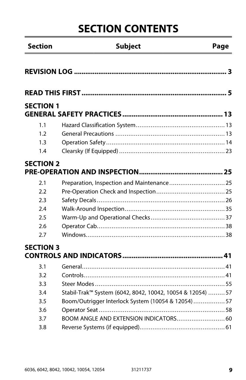 SKYTRAK 10042 10054 12054 6036 6042 8042 Telehandler Operators Manual 31211737