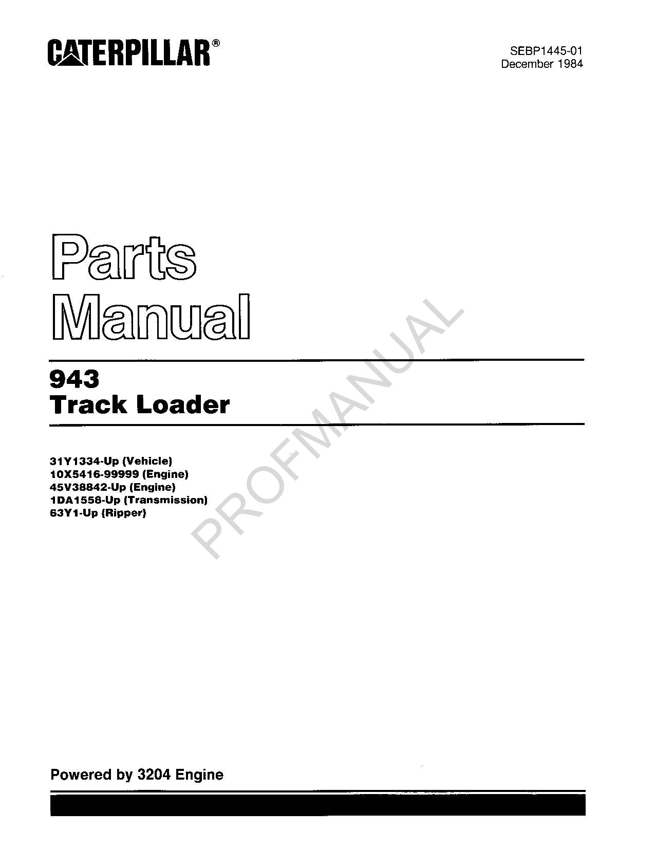 Caterpillar Cat 943 Track Loader Parts Manaul Parts Catalog Manual