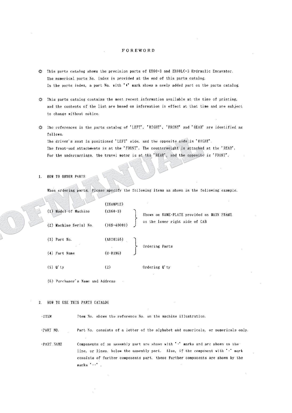 HITACHI EX60-3 60LC-3 Equipment Component Excavator Parts Catalog Manual