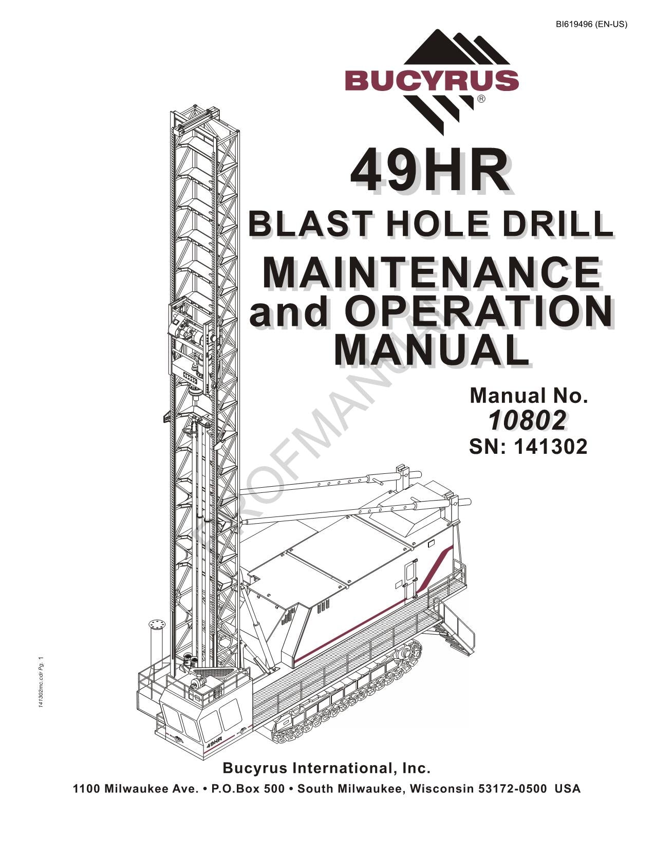 Caterpillar Cat 49HR Blast Hole Drill OPERATORS MAINTENANCE MANUAL BI619496