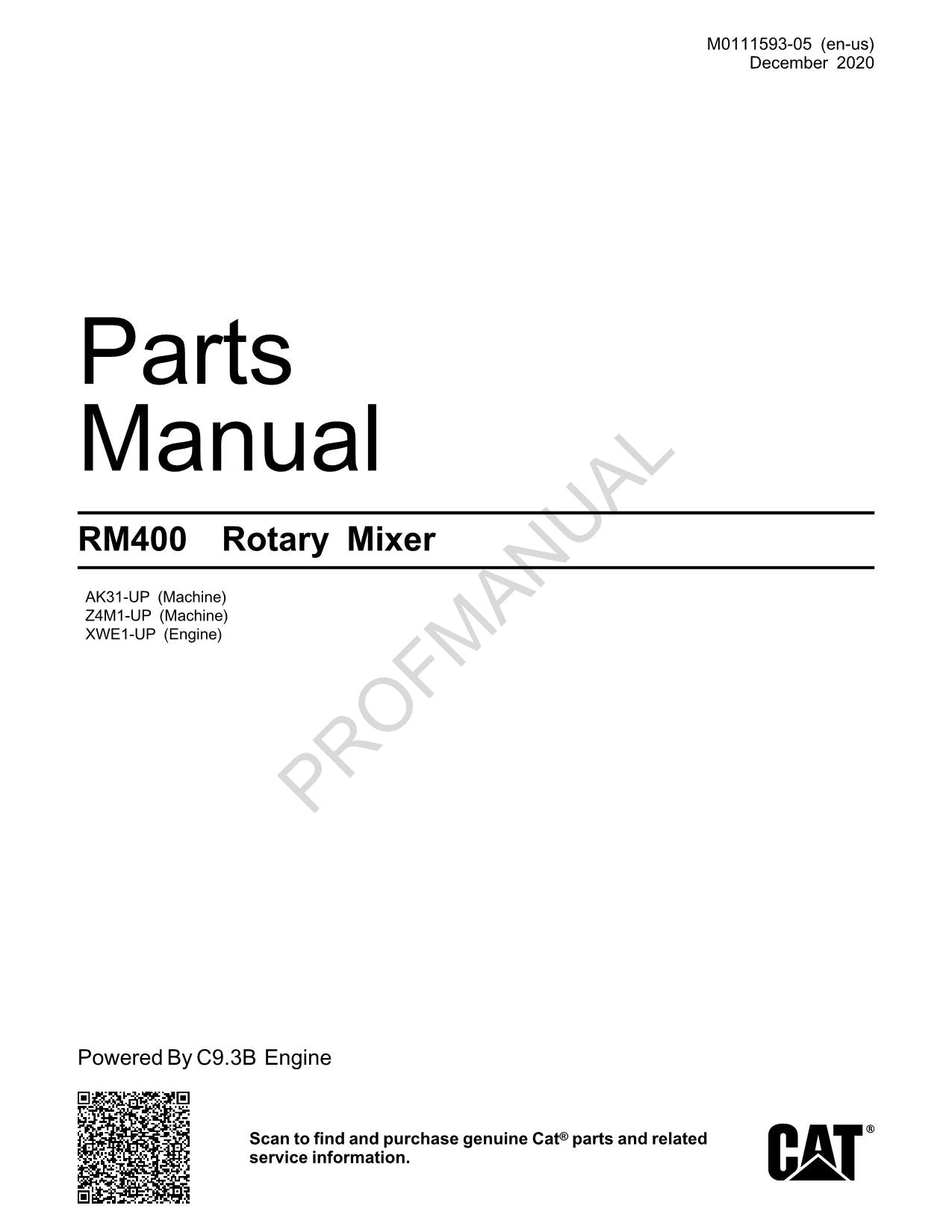 Caterpillar RM400 Rotationsmischer Straßenrückgewinnungsgerät Ersatzteilkatalog Handbuch M0111593EN US