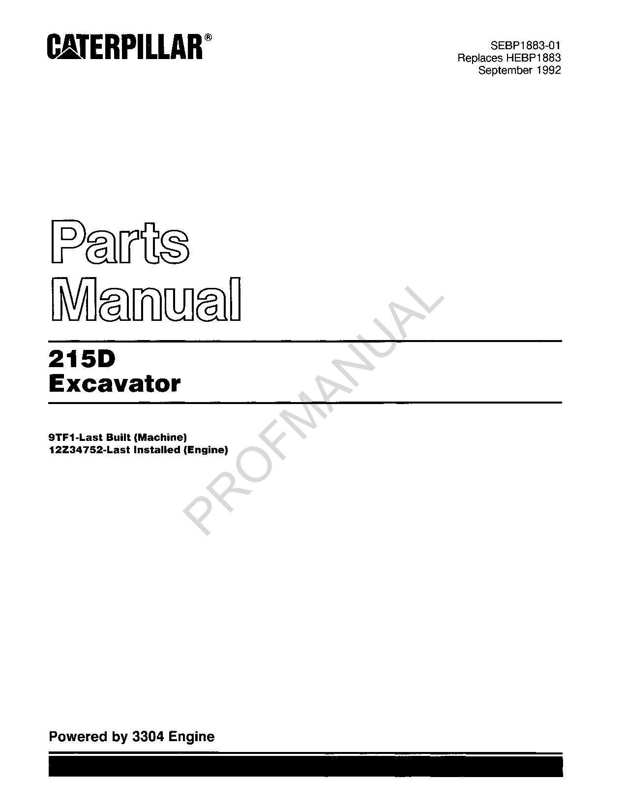 Caterpillar Cat 215D Excavator Parts Catalog Manual