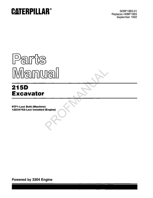 Caterpillar Cat 215D Excavator Parts Catalog Manual