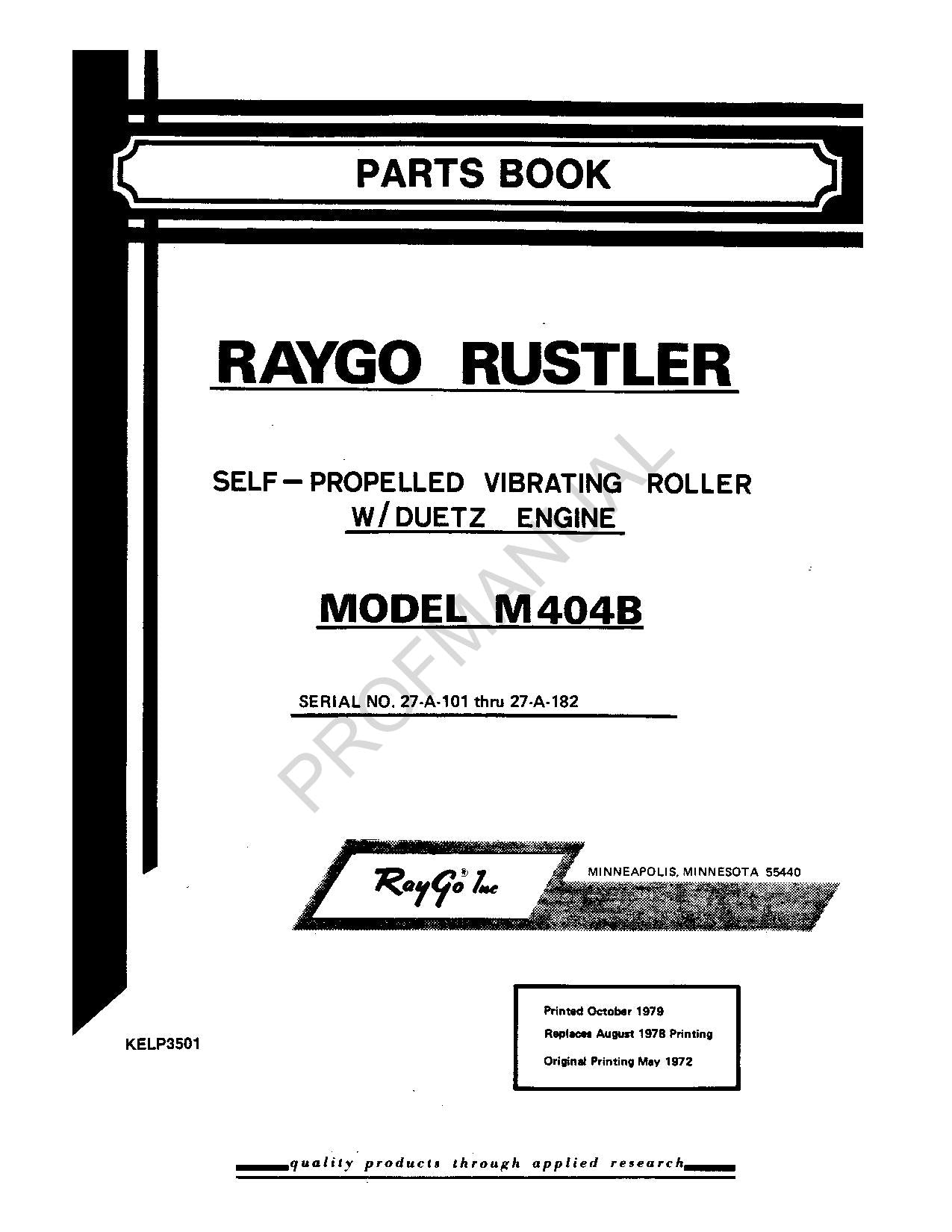 Caterpillar Cat Raygo Rustler M404B Self Propelled Roller Parts Catalog Manual