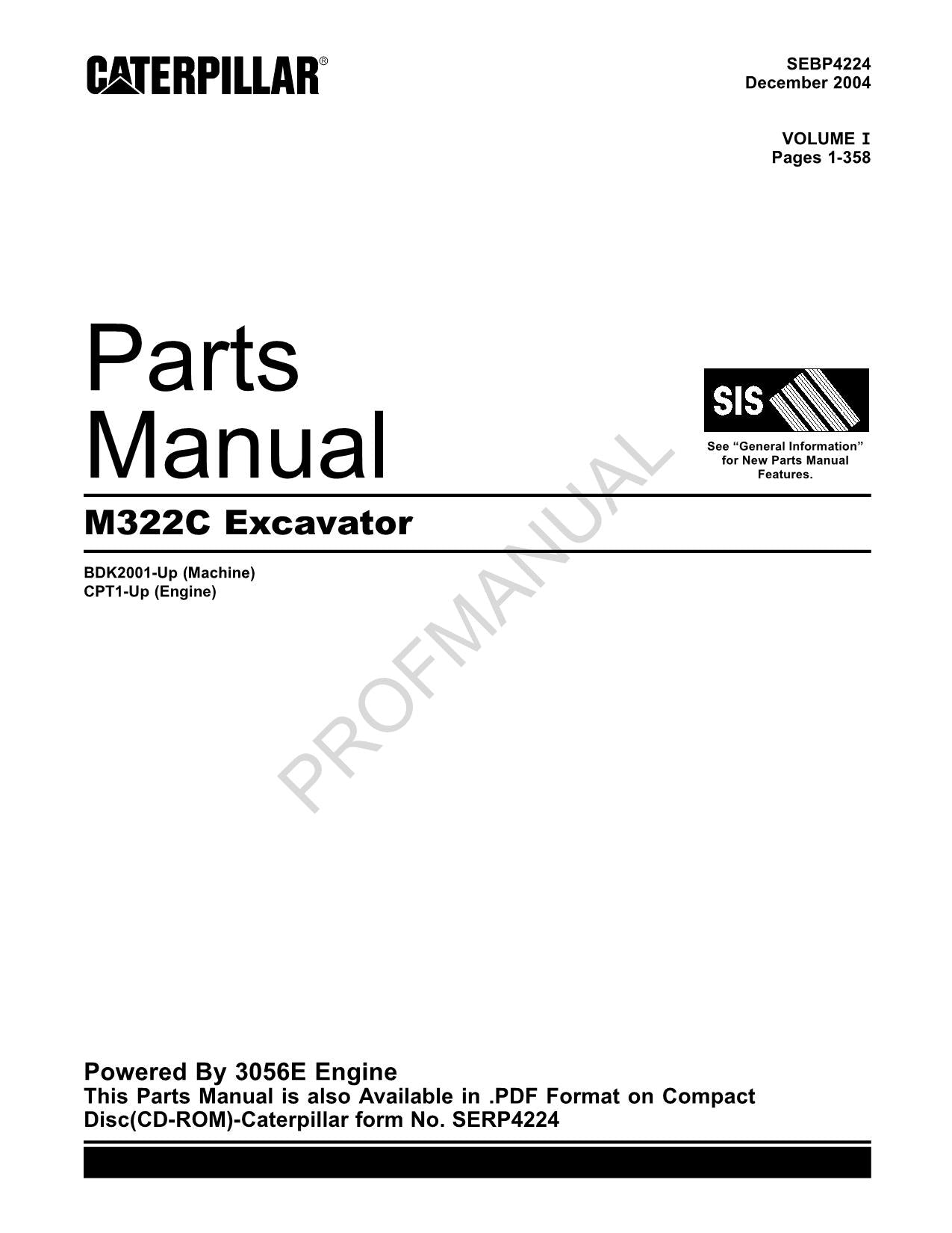 Caterpillar Cat M322C Excavator Parts Catalog Manual ser CPT1-UP BDK2001-Up