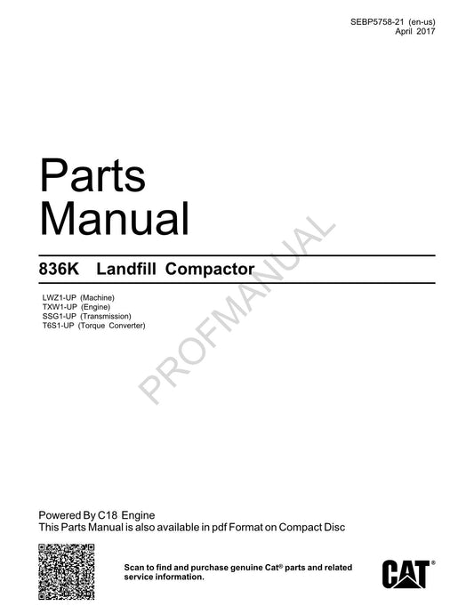 Caterpillar Cat 836K Landfill Compactor Parts Catalog Manual