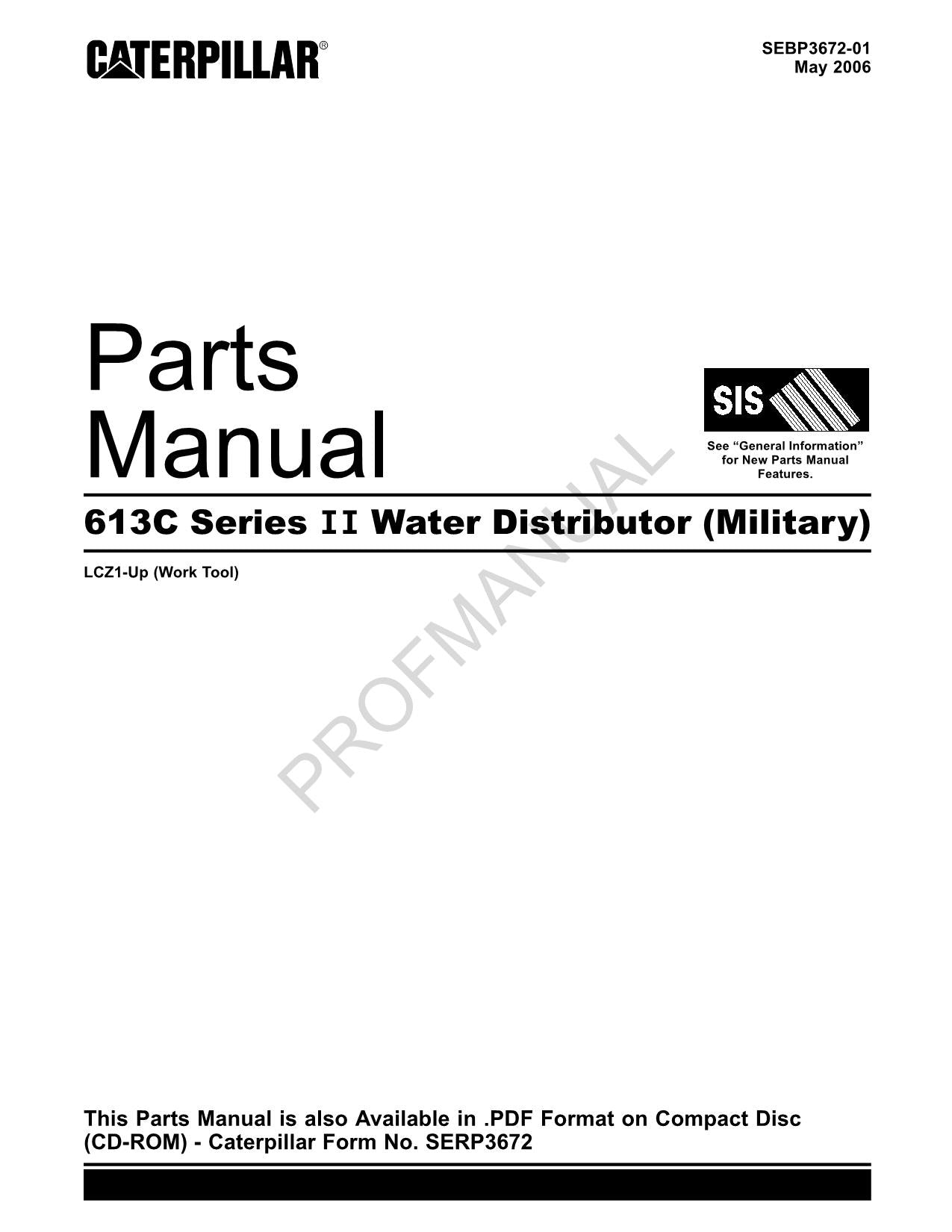 Caterpillar Cat 613C Series II Water Distributor Military Parts Catalog Manual