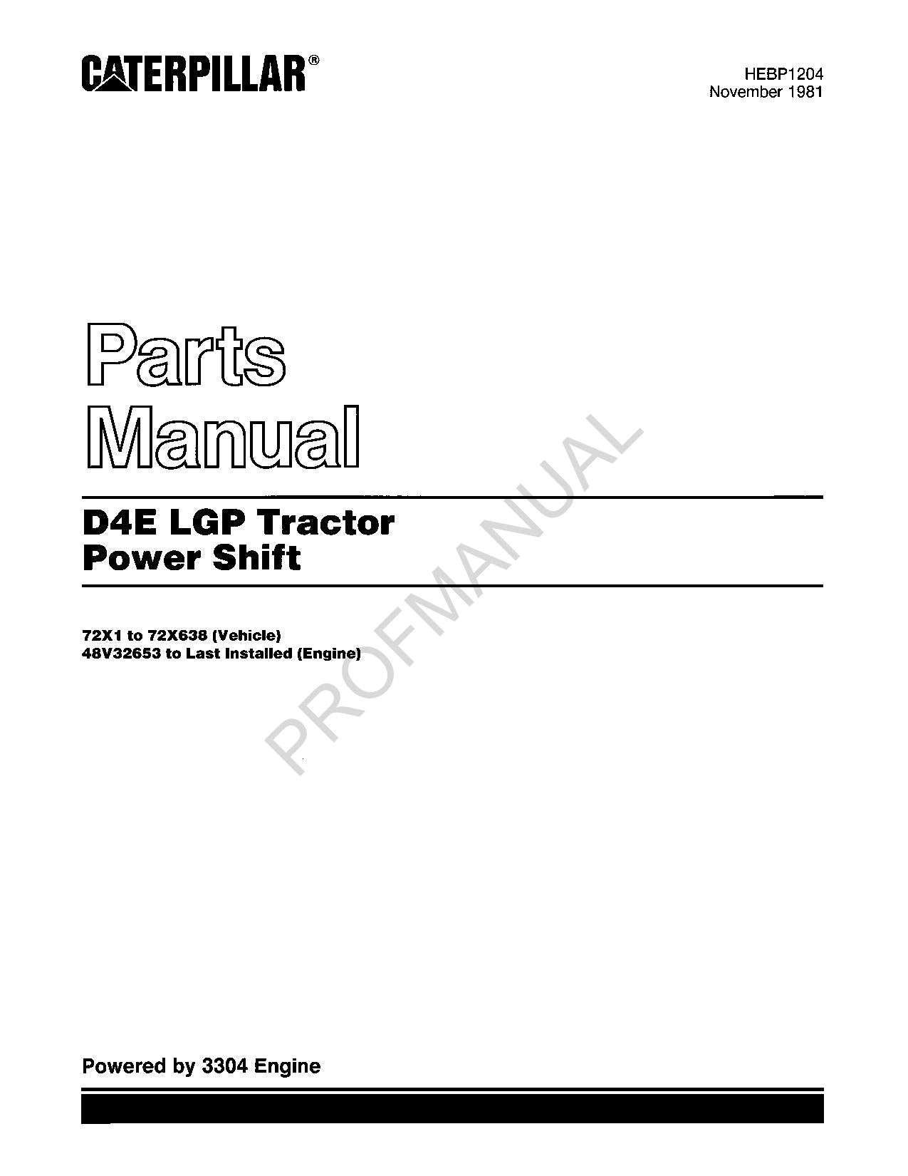 Caterpillar Cat D4E LGP Tractor Power Shift Parts Catalog Manual HEBP1204