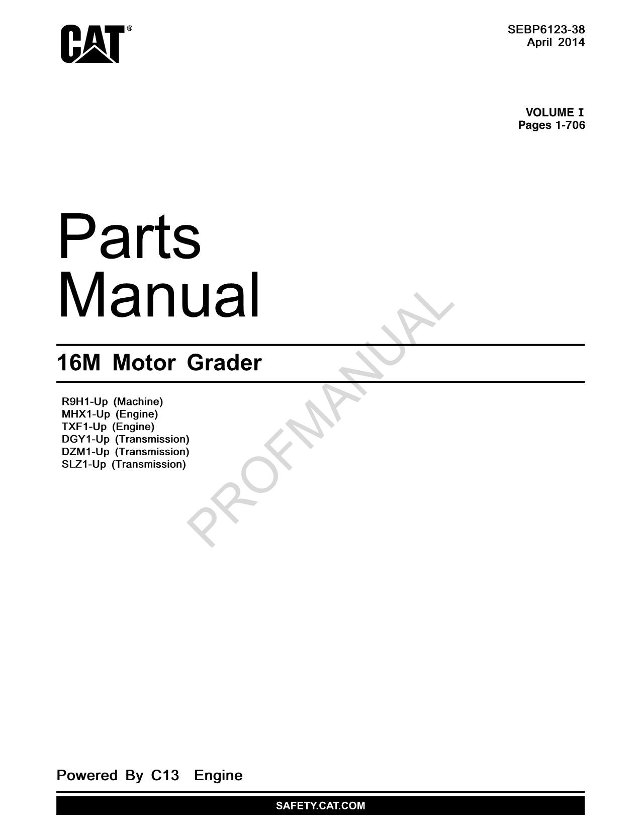 Caterpillar Cat 16M Motor Grader Parts Catalog Manual SEBP6123