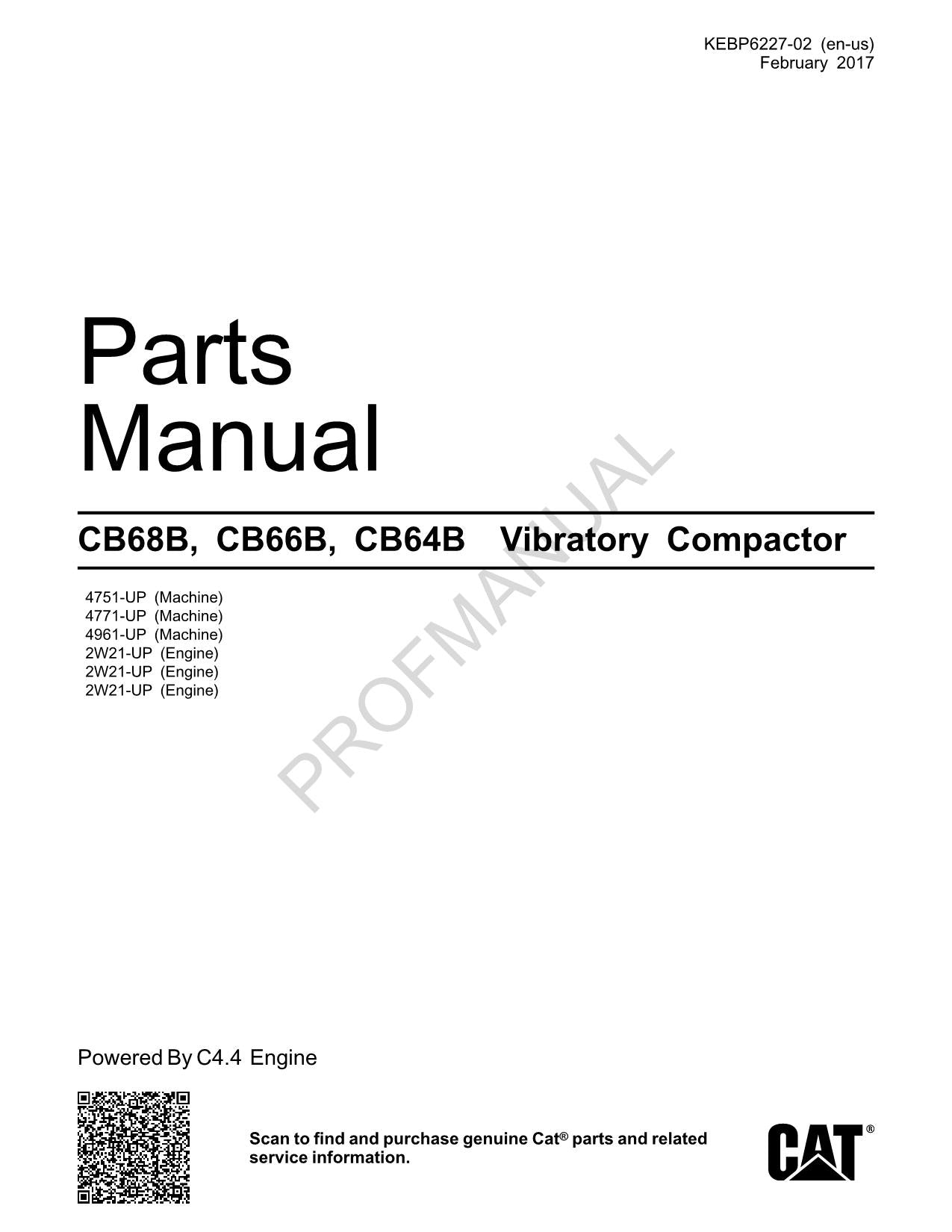 Caterpillar CB68B CB66B CB64B Vibratory Compactor Parts Catalog Manual KEBP6227