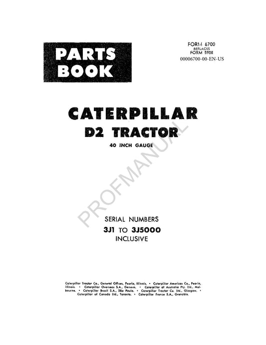 Caterpillar Cat D2 Tractor 40 Inch Gauge Parts Catalog Manual ser 3J1-3J5000