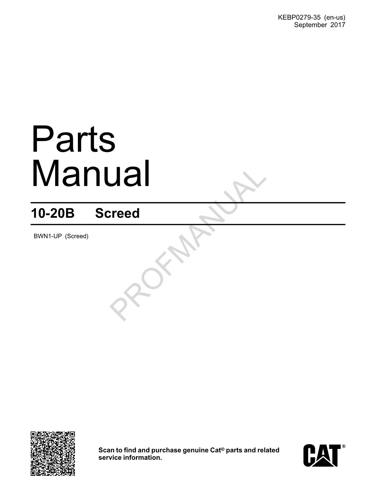 Caterpillar Cat 10 20B Screed Parts Catalog Manual BWN1-Up