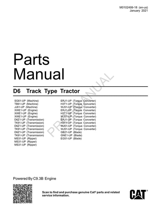 Caterpillar Cat D6 Track Type Tractor Parts Catalog Manual M0102499