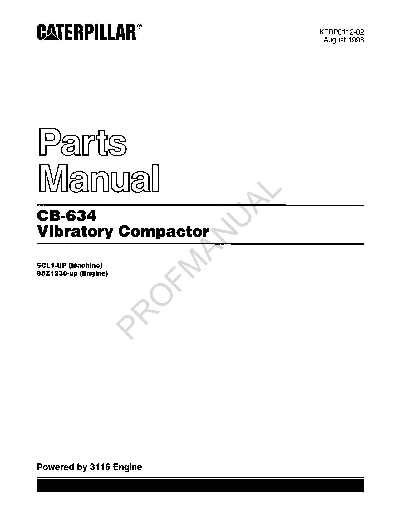 Caterpillar Cat CB 634 Vibratory Compactor Parts Catalog Manual KEBP0112