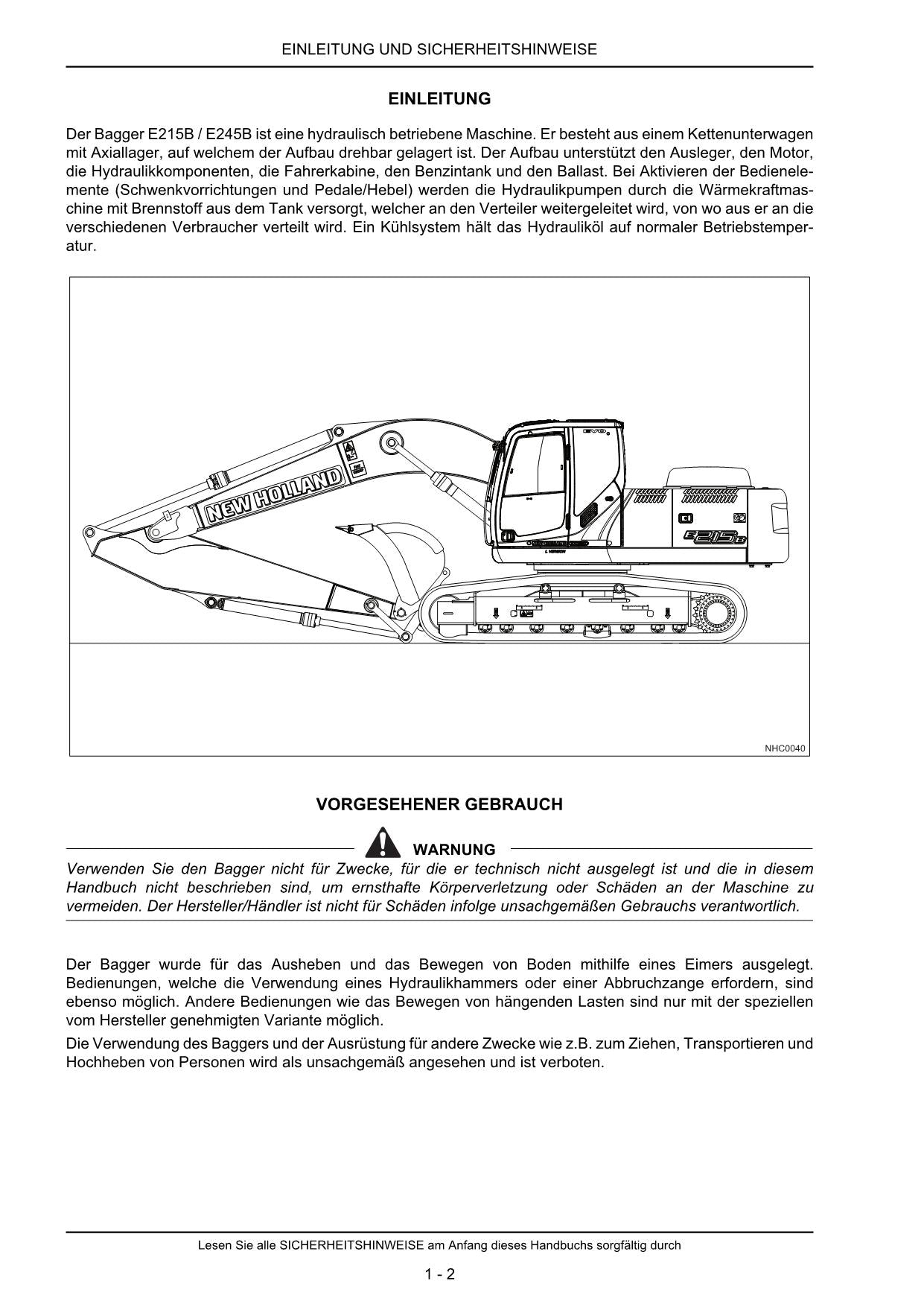 New Holland E215B E245B Bagger Manuel d'instructions