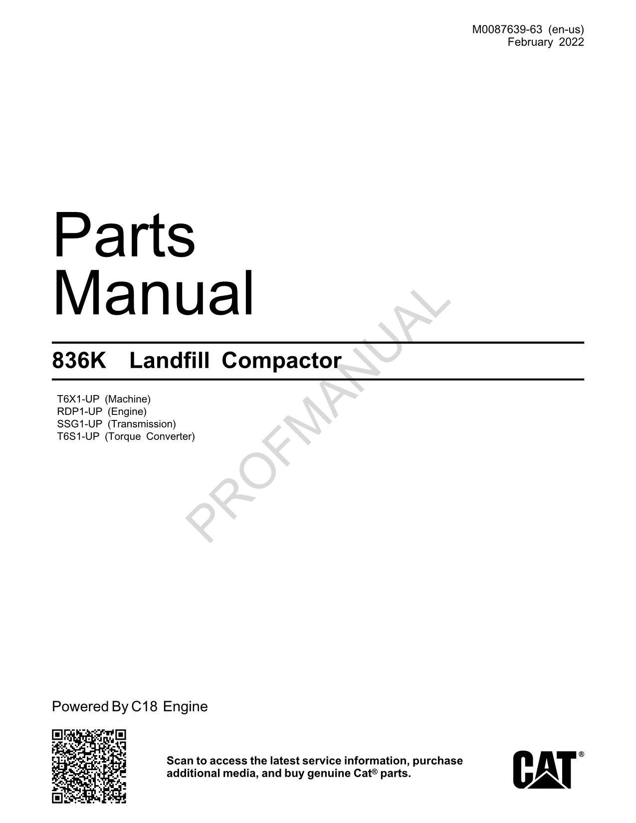 Caterpillar Cat 836K Landfill Compactor Parts Catalog Manual M0087639