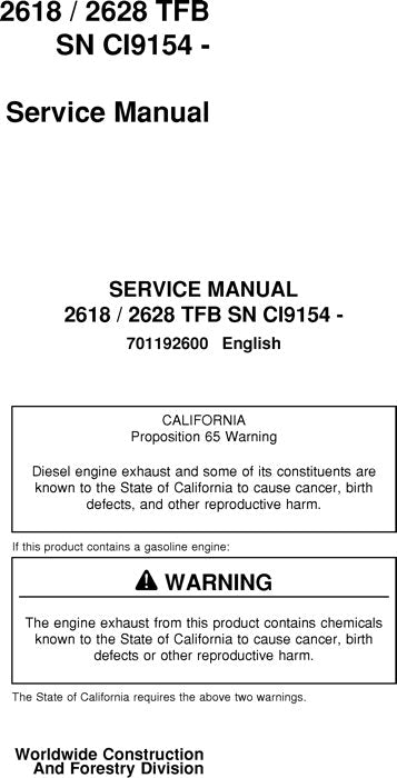 JOHN DEERE 2618 2628 TRACKED FELLER BUNCHER SERVICE MANUAL s-n 55001-CI9154