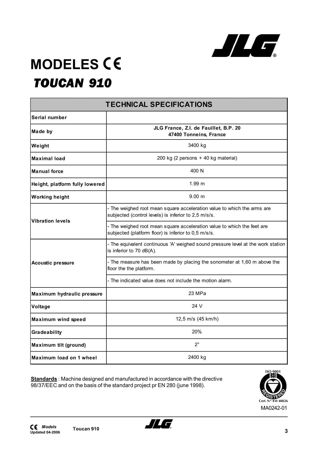 TOUCAN 910 Vertical Lift Maintenance Operation Operators Manual